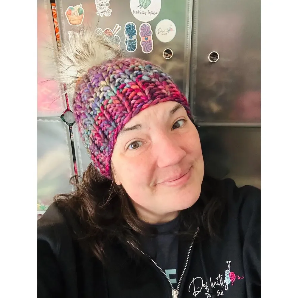 Hand Knit Scrappy Merino Wool Beanie: DefiKnitly Tasteful Knit Hat with Faux Fur